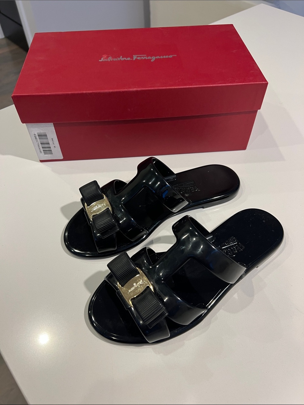 Salvatore Ferragamo lylia black pvc jelly open toe bow sandal gold tone hardware